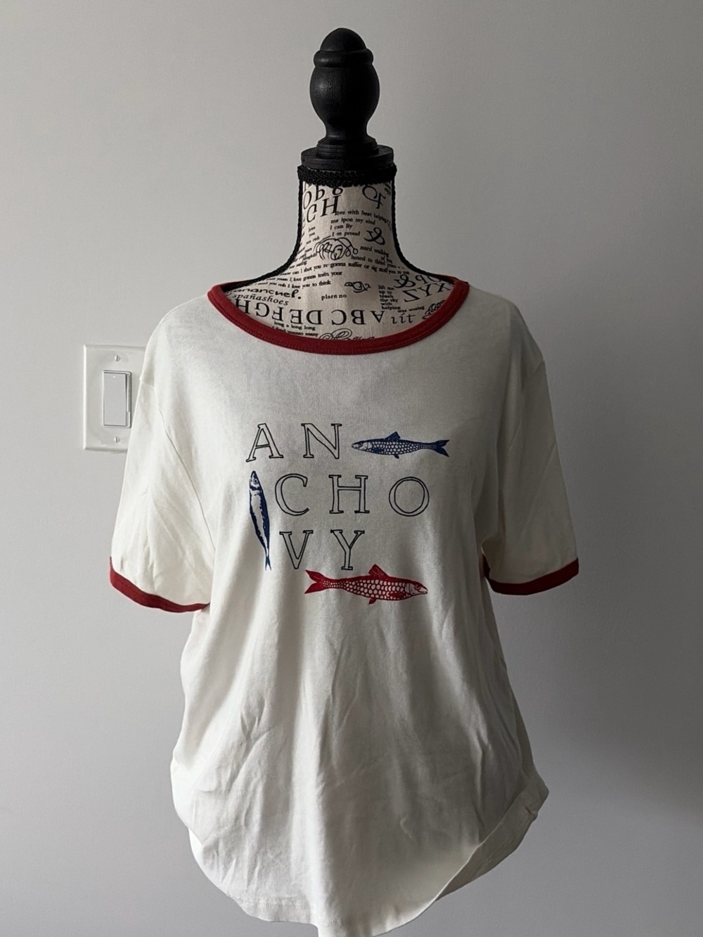 Urban Outfitters White Tee with Red Trim & Blue/Red Anchovy Graphic
